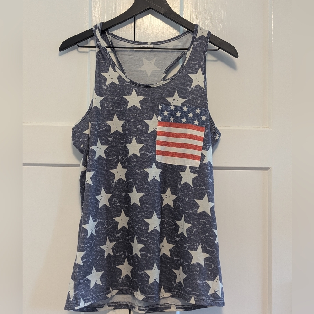 Haute Star Pattern Tank Top American Flag Pocket July 4th Stripes Even Used Cond